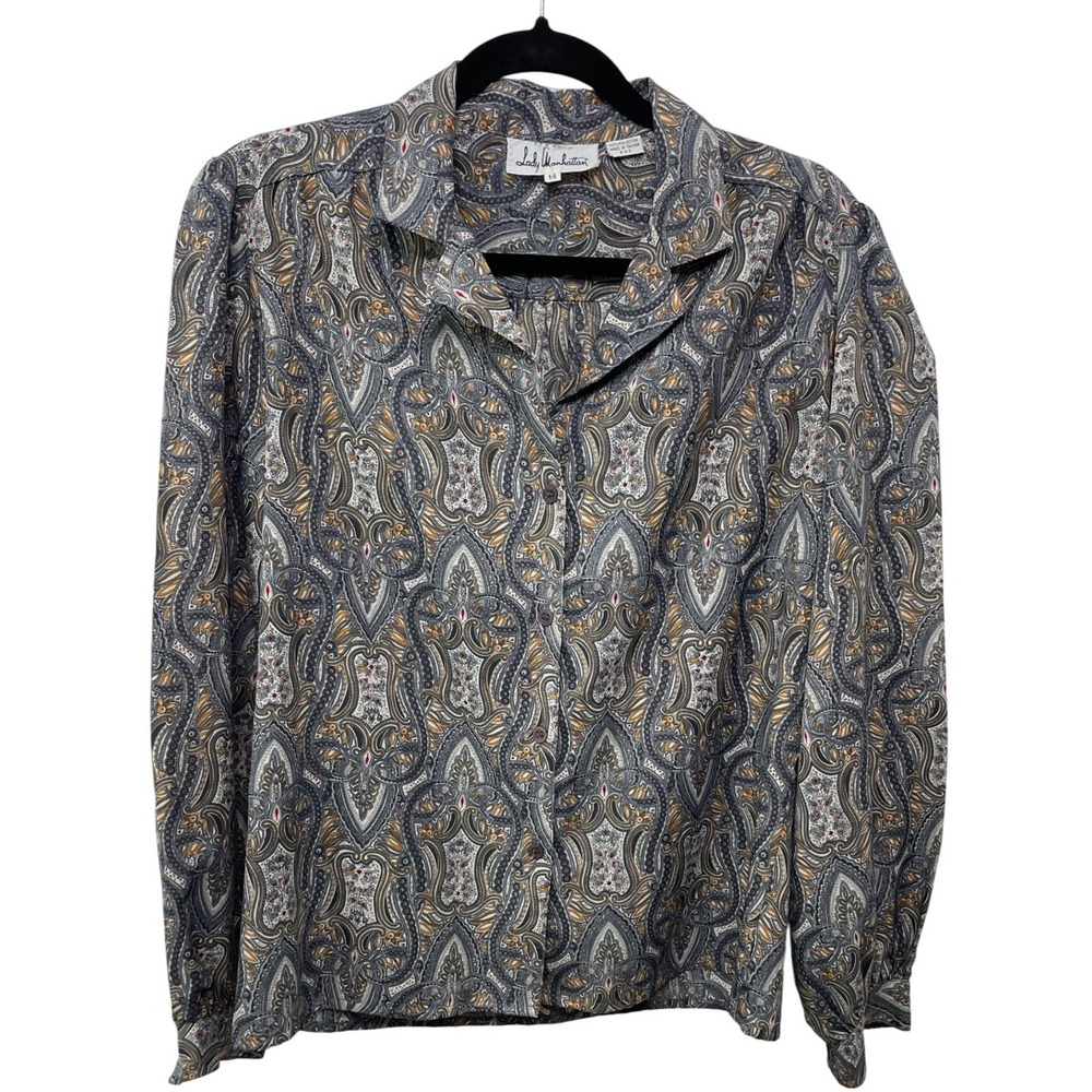 Lady Manhattan Vtg Paisley‎ Button Down Long Sleeve Blouse Top Dark Academia 14